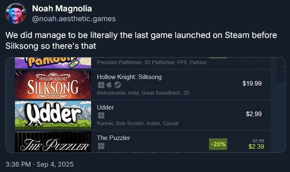 Udder and Silksong right next to each other on the Steam new releases page